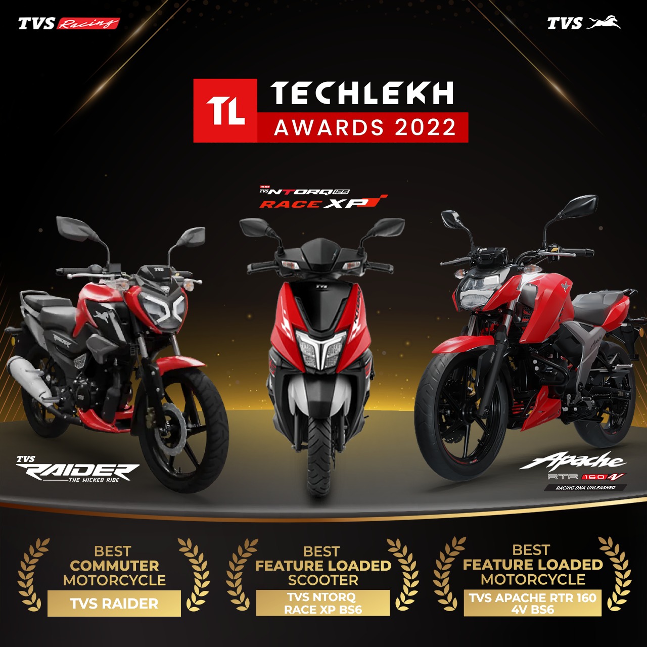 TechLekh Awards 2022 (Winners TVS Ntorq Race XP, TVS Raider and Apache 160 4V)